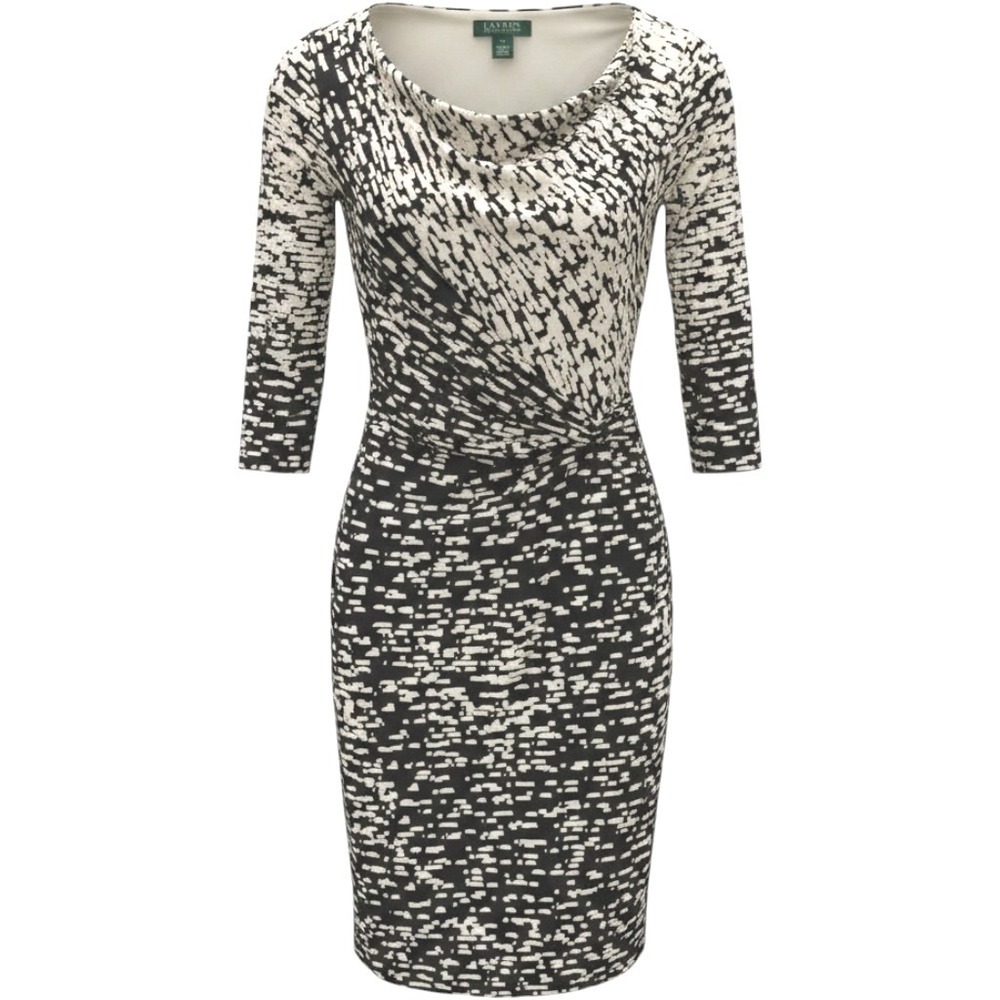 Ralph Lauren Sheath Dress Abstract Print Cowl Neck Ruched Womens 2 Black Cream